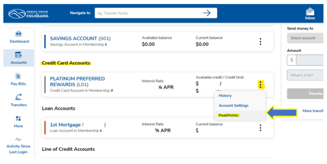 Slim view of online banking site menu with PeakPoint Location.