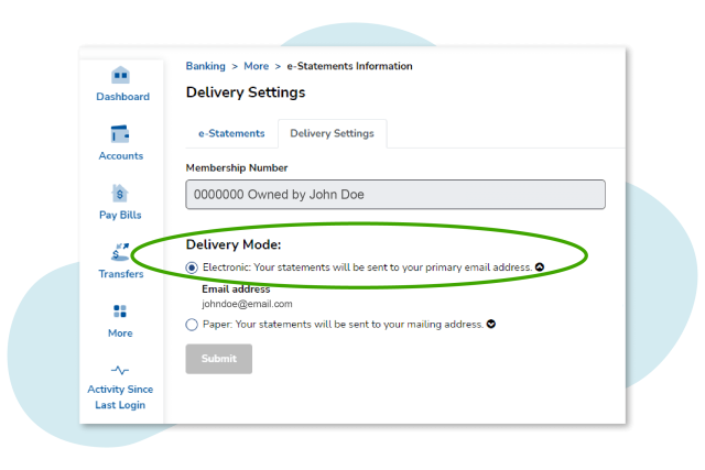 screenshot of electronic delivery selection in online banking